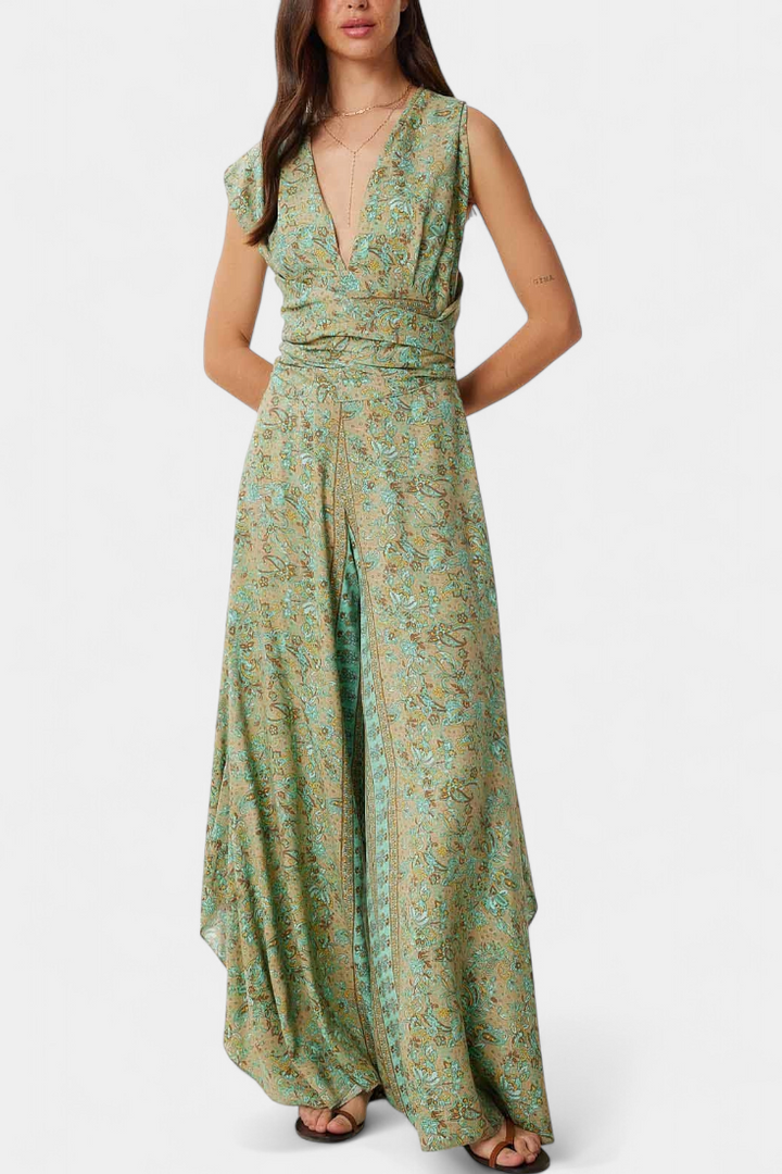 Leandra Floral Wrap Jumpsuit with Open Back Design